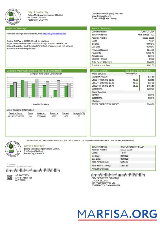 Blank USA California City of Foster City utility bill template in Word and PDF format